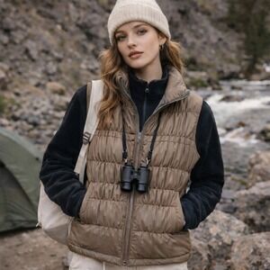 Patagonia Puffer Quilted Ruched Vest Brown Gold Taupe Fitted Warm Gorpcore Small